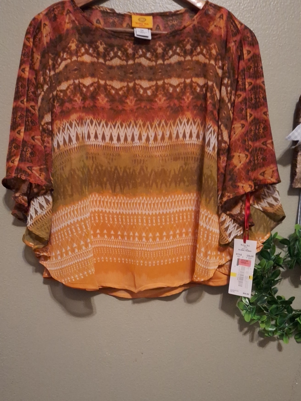 Ruby Road Dolman Sleeve Boho Print Top in Burnt Orange and Brown